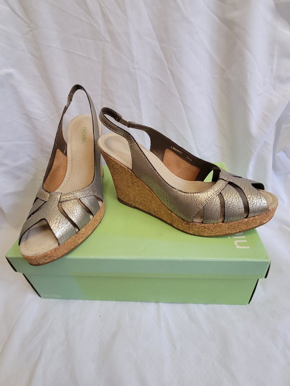 Nicole Metallic Bronze Cork Wedge Platform Peep Toe Slingback Sandals Shoes 7.5